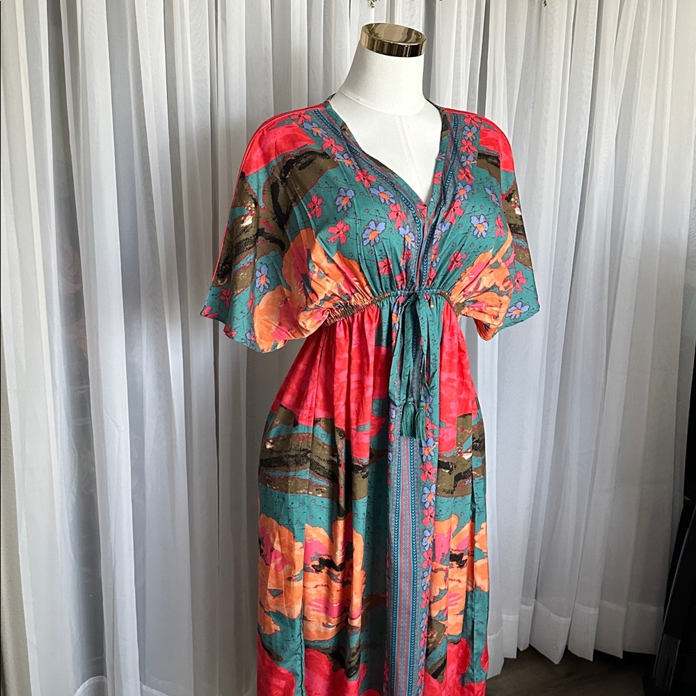 Boho Kimono Style Sleeves Floral Multicolor Long Dress - Picture 3 of 9